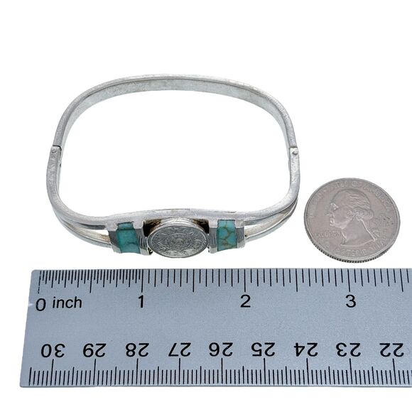 Vintage Sterling Silver 925 Aztec Calendar Magnesite Inlay Bracelet 6.5" - Picture 7 of 7